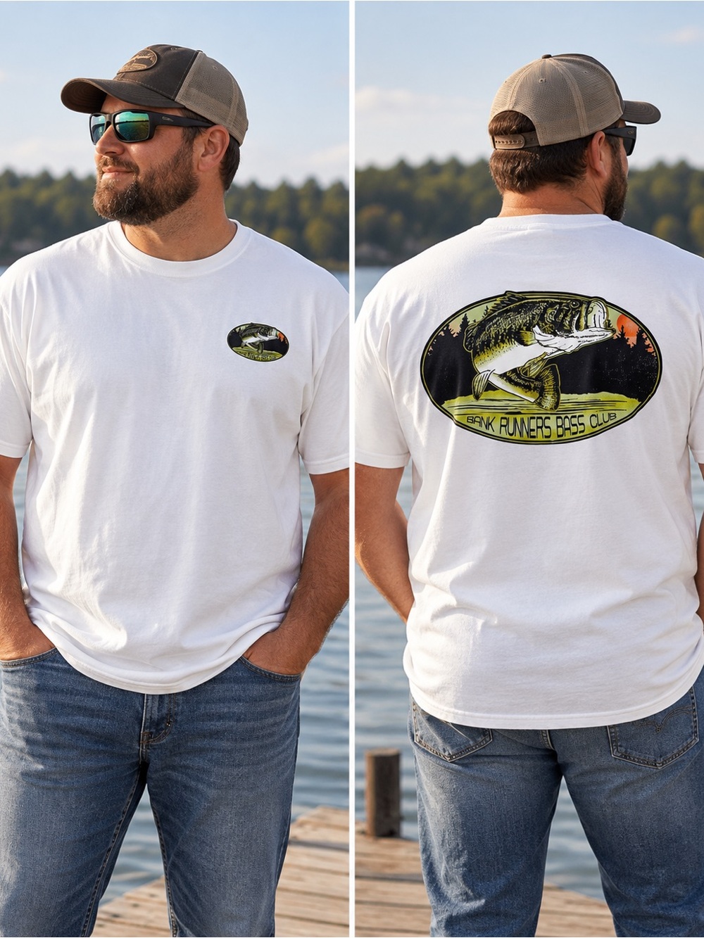 Bank Runners Bass Club Mens 2XL White Fishing Graphic T-Shirt Largemouth Bass